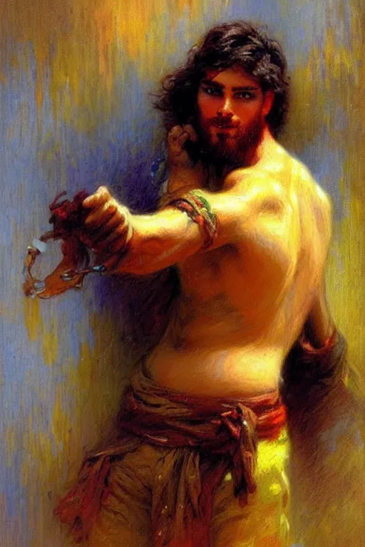 Image similar to attractive male, character design, colorful, painting by gaston bussiere