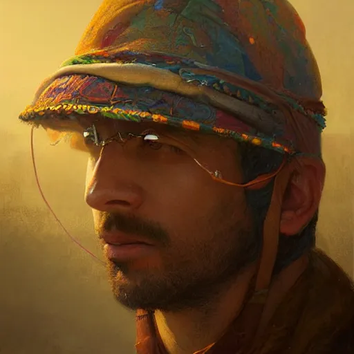 Prompt: portrait of a blindfolded man wearing a multicolored tunic and a large sun hat, detailed face, highly detailed, cinematic lighting, digital art painting by greg rutkowski