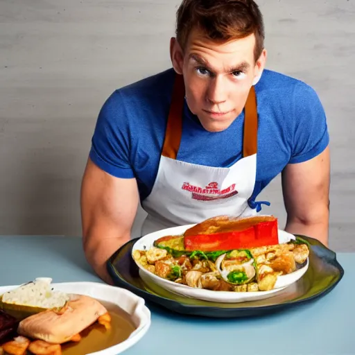 Image similar to photograph of jerma 9 8 5 wearing an apron, showing you a disgusting plate of food. 4 k