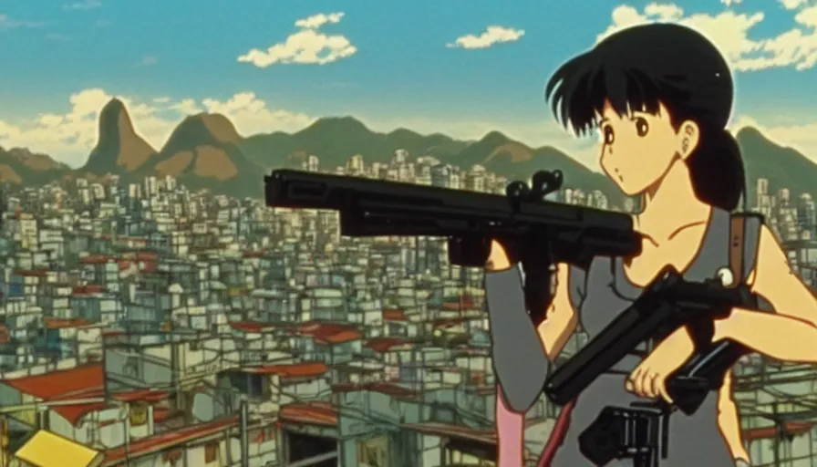 Image similar to 1 9 8 6 anime screencap of a girl with a gun on a rio de janeiro anime, by hayao miyazaki, studio ghibli, beautiful favela background extremely high quality artwork 4 k