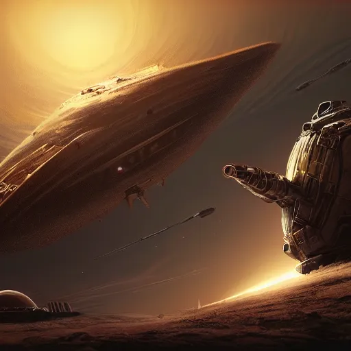 Image similar to a spiky imperial hamburger space ship travelling near a barren planet by Marek Okon, god rays, fantasy art, 4k, HDR, photorealistic, 8k, trending on artstation