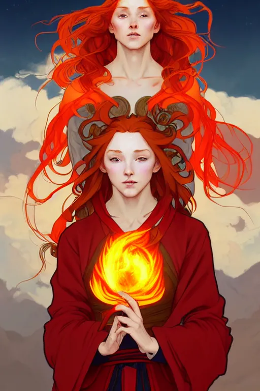 Prompt: a beautiful fire bender mage girl holding a fireball, ginger hair with freckles, wearing long flowing red robes inspired by alphonse mucha, standing on a mountain top with epic clouds and godlike lighting, intricate illustration and highly detailed digital painting. concept art by artgerm. inspired by brom art and larry elmore.