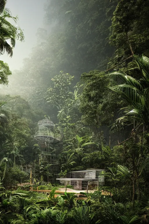 Image similar to architecture inspired by renzo piano deep in the rainforest. nature is taking over. matte painting. octane render. hdr. volumetric lighting. global illumination. atmospheric.