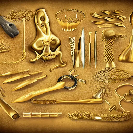 Image similar to gold tools designed in the style of body horror