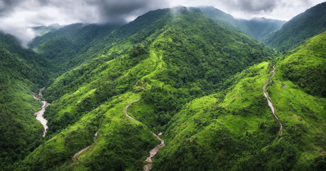 Prompt: green hills, big old tree, erosion channels river, landslide road, background mountains, high summer, cloud godrays, heavy grain, high quality,