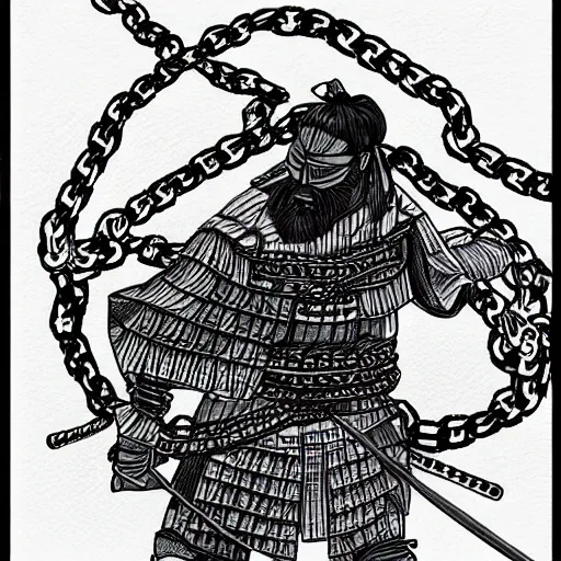 Prompt: samurai wrapped in chains ,ink art