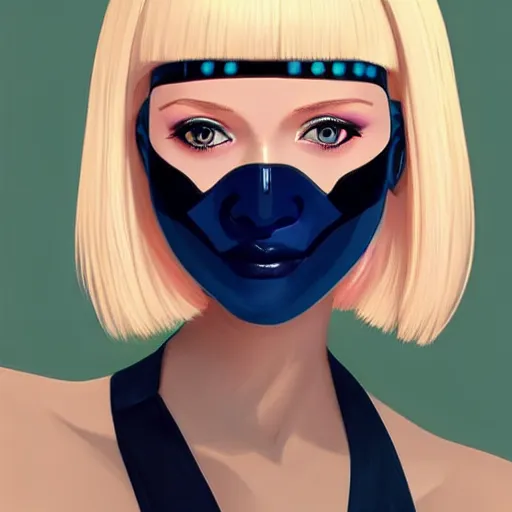 Image similar to android robot woman face painting, black facemask, blond bob haircut, beautiful detailed blue eyes, looking straight to camera, muted colors, matte print, pastel colors, ornate, digital art, cute smile, winning artwork, digital painting, professional art, elegant, by Ilya Kuvshinov, by artgerm