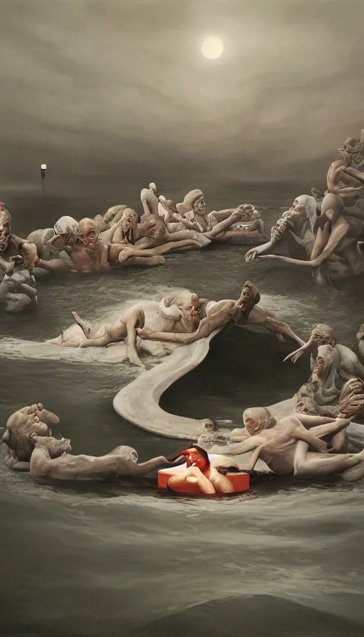 Prompt: man on boat crossing a body of water in hell with creatures in the water, sea of souls, by gottfried helnwein