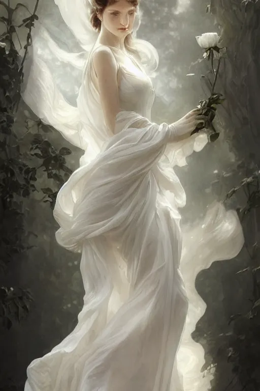 Prompt: beautiful woman dressed in a vaporous wrapped large victorian white roses silk semi-transparent dress fashion is running, D&D, fantasy, intricate, elegant, highly detailed, digital painting, trending on artstation, concept art, matte, sharp focus, illustration, art by Artgerm and Greg Rutkowski and Alphonse Mucha, instagram model