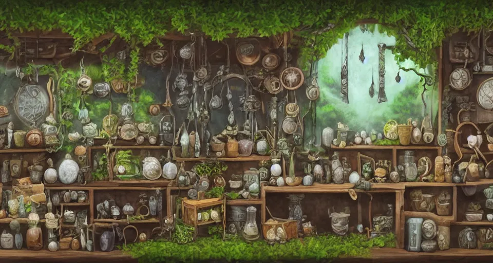 Image similar to small witch shop, counter, cauldrons, potions, hats, owls, ferns and vines, highly detailed, sharp focus, matte painting, by studio ghibli, by giovani magana,