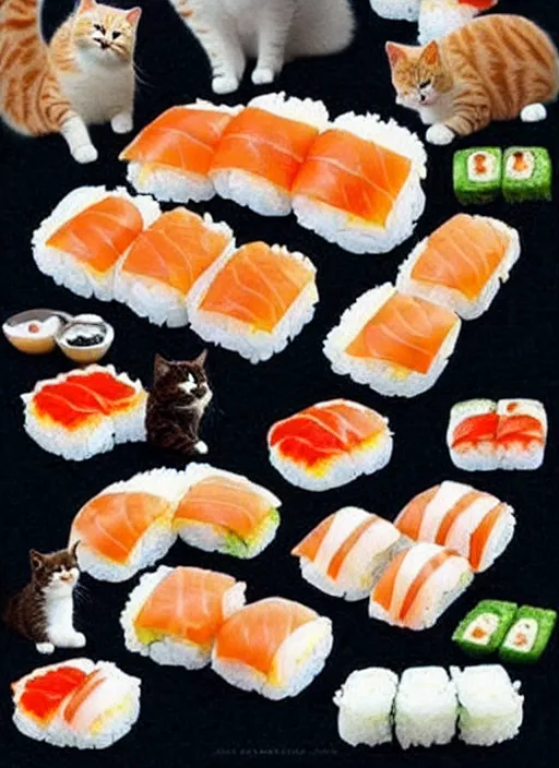 Image similar to clear photorealistic picture of adorable cats made out of sushi