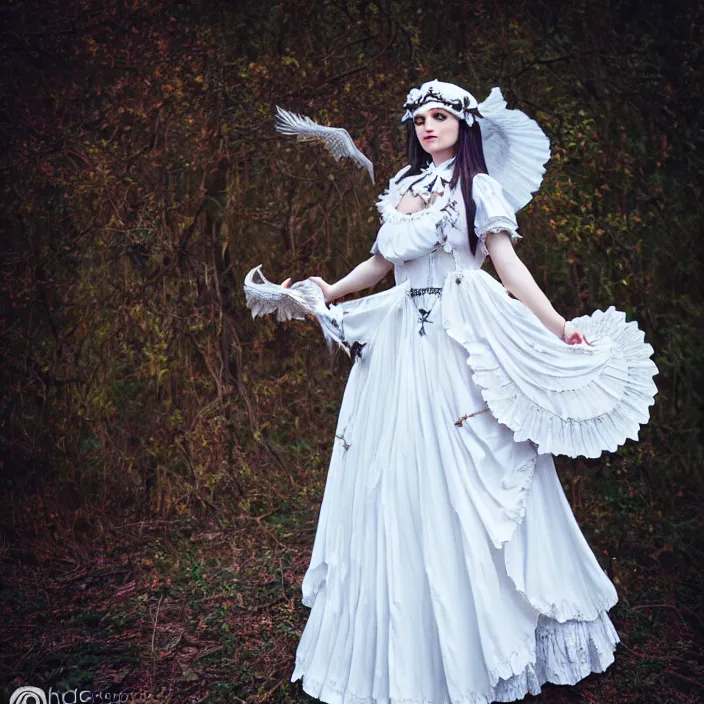 Prompt: photograph of a real-life beautiful air witch with ornate white dress. Extremely detailed. 8k