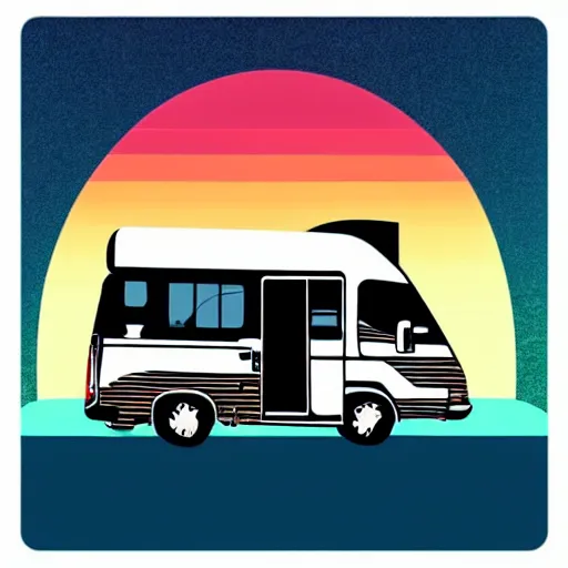 Image similar to sticker of a white and black cute thor chateau! motorhome camper!!, mountains, colorful sunset!!, sticker!! by tom whalen