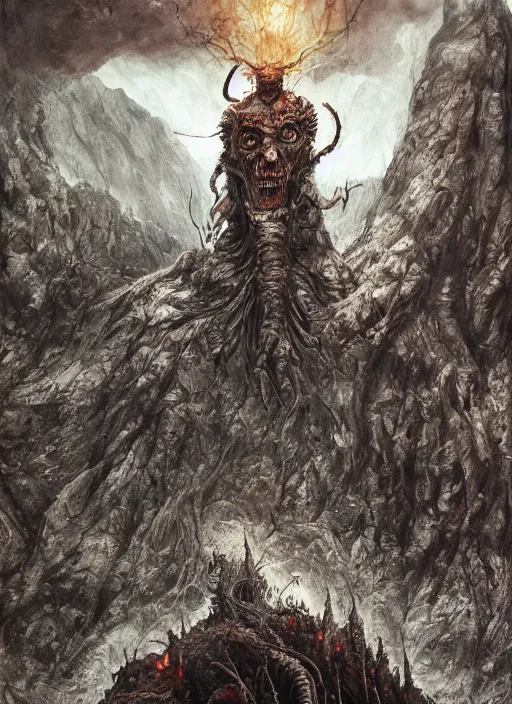 Prompt: a monster in the mountains of hell, oil painting by tomasz jedruszek and stephen king, the master of horror, cinematic lighting, pen and ink, intricate line, hd, 4 k, million of likes, trending on artstation