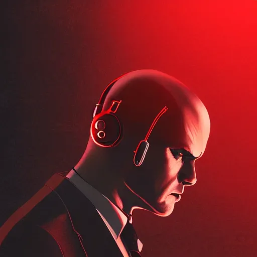 Prompt: agent 4 7 from hitman wearing headphones and listening to music in front of large stereo speakers surrounded by cables, black background, red rim light, highly detailed, smooth, sharp focus, art by cedric peyravernay