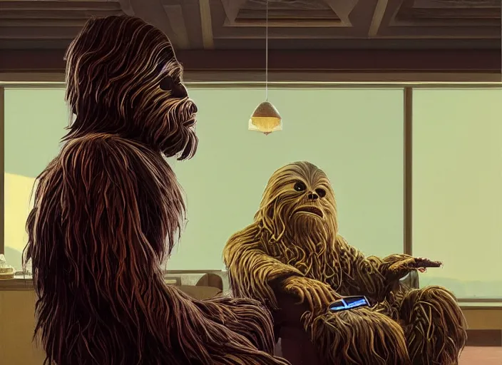 Image similar to wookiee is comfy at home trading crypto. the charts are at all time highs, gains, green charts, painting by grant wood and frank frazetta, 3 d rendering by beeple, wlop