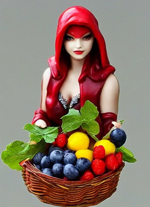 Prompt: Image on the store website, eBay, 80mm Resin figure model of a woman as little red hood ,holding a basket of fruit under her left arm.