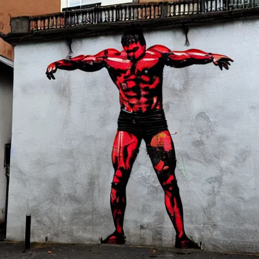 Image similar to Gigachad Muscular Red Forman Flexing, Urban Graffiti Banksy, Bordalo, trending on artstation