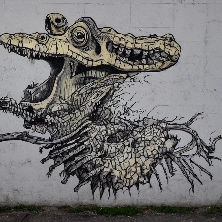 Image similar to Street-art painting of crocodile skeleton in style of Banksy, comic character, cute skeleton, cartoon style, photorealism