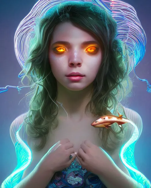 Prompt: portrait of a cute female shark, bioluminescent, wires, horror, happy, highly detailed, digital painting, cinematic, hyperrealism, dark retrowave, art by stanley lau and artgerm and magali villeneuve and alphonse mucha, artstation, octane render, cgsociety