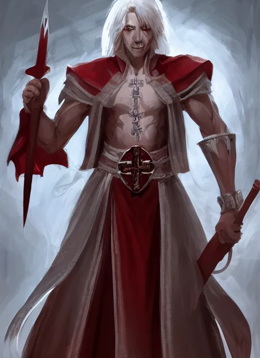 Image similar to a highly detailed illustration of white haired african priest, wearing cross on robe, wielding red blades made of blood, evil standing smiling pose, blood flowing around him background, muscular, intricate, elegant, highly detailed, centered, digital painting, artstation, concept art, smooth, sharp focus, league of legends concept art, WLOP