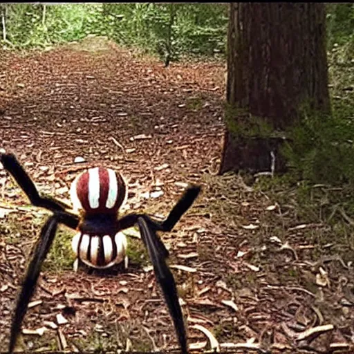 Image similar to trailcam footage of giant spider pennywise, night, creepy, grainy footage