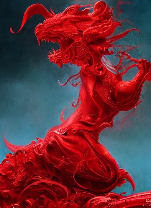 Image similar to woman in love sit upon a scarlet coloured beast, pain, royal dress, light effect, hyper detailed, intricate, atmospheric, elegant, highly detailed, digital painting, artstation, concept art, matte, sharp focus, illustration, by james jean, andrei riabovitchev, marc simonetti, yoshitaka amano