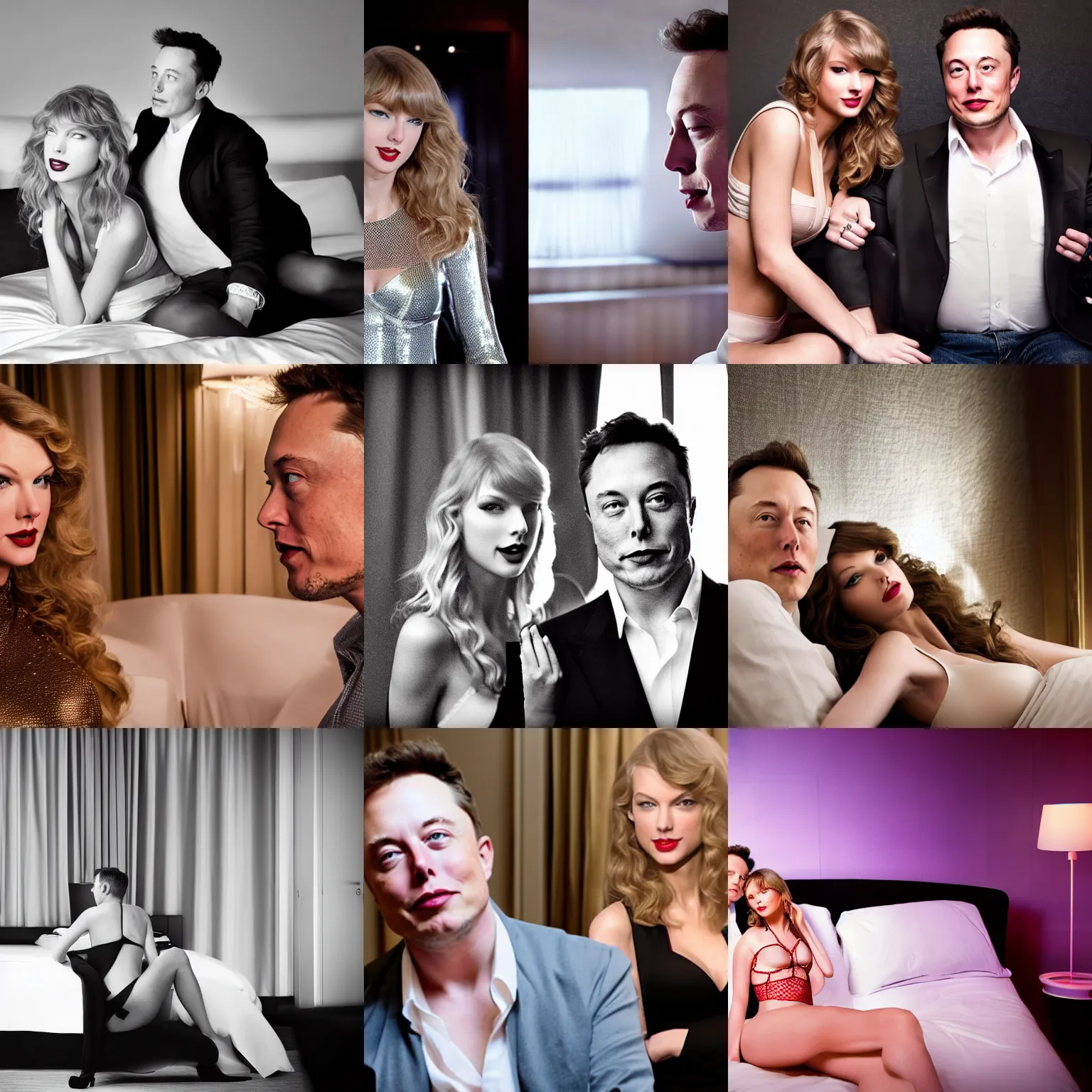 Prompt: boudoir photograph of elon musk and taylor swift in a hotel in paris, sensual, volumetric lighting, 4 k