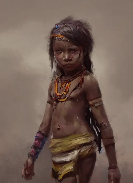 Prompt: A painting of a child-like tribal woman trending on artstation in the style of Greg Rutkowski