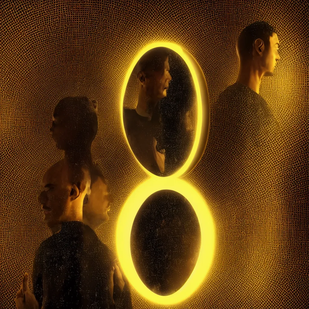 Image similar to “a first human standing looking at a mirror through a golden portal with a reflection of himself while a conscious being manifests next to him, highly detailed in 4K”