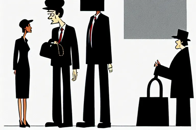 Prompt: tall, security guard checks the bags of a worried looking woman, art in the style of the new yorker,