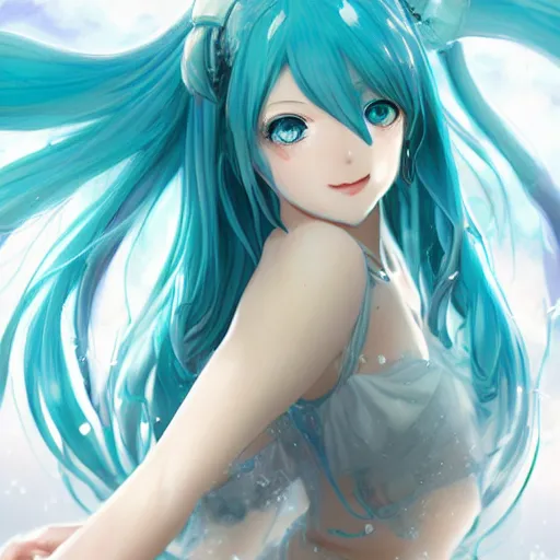 Image similar to clear portrait of anime girl hatsune miku, which is drowned in water, water, light effect, anime style hyper detailed, illustration, bloody, intricate, elegant, digital painting, artstation, smooth, sharp focus, art by artgerm and greg rutkowski and alphonse mucha.