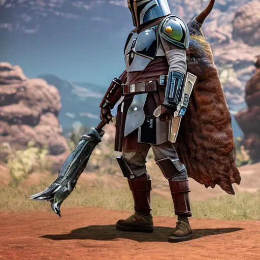 Image similar to The Mandalorian in Monster Hunter World, highly detailed, high quality, HD, 4k, 8k, Canon 300mm, professional photographer, 40mp, lifelike, top-rated, award winning, realistic, sharp, no blur, edited, corrected, trending