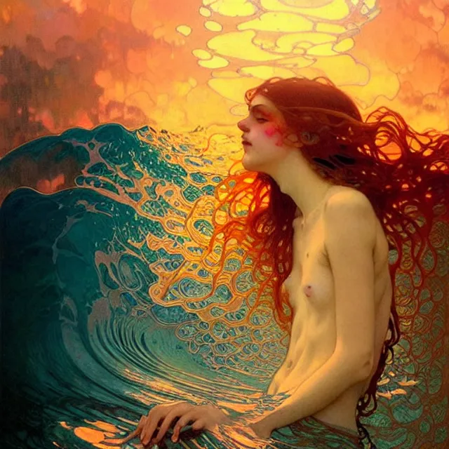 Prompt: mind bending ocean waves of glossy psychedelic liquid honey drops flowing like kaleidoscopic translucent amber, lsd waves, dmt ripples, crystal clear, backlit, sunset, refracted lighting, art by collier, albert aublet, krenz cushart, artem demura, alphonse mucha