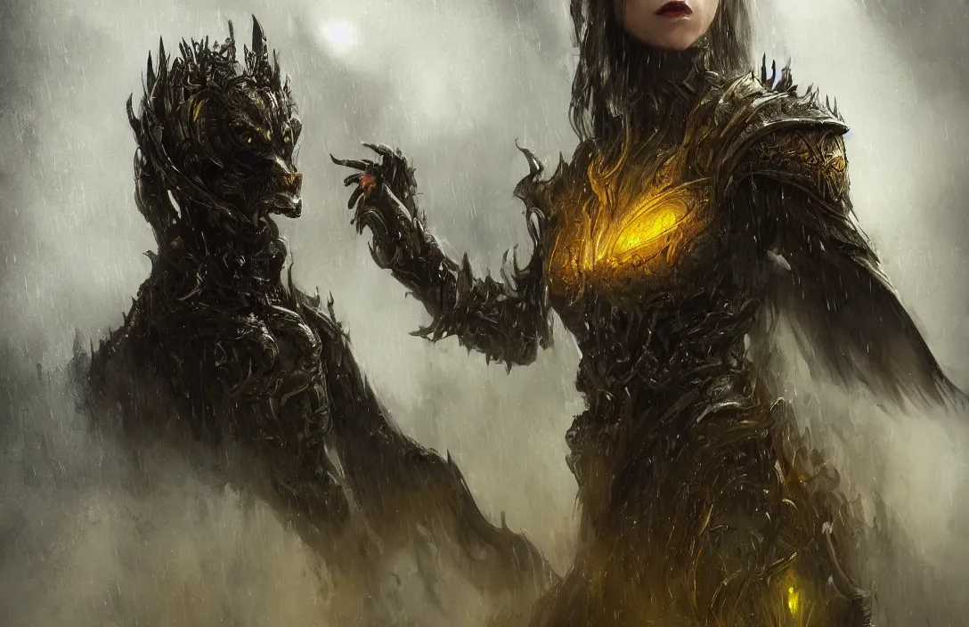 Prompt: a realistic detail portrait of a beautiful queen in middle earth, raining, mist, magic, dragon, goth by Julian calle, wlop, greg rutkowski, Finnian MacManus, Trending on artstation, black and yellow scheme, 8k, RE Engine