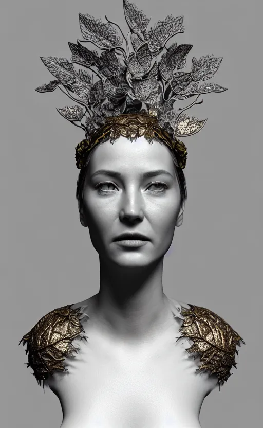 Prompt: [ [ [ tintype ] ] ] 3 d render of a beautiful porcelain profile woman face, vegetal dragon cyborg, rim light, silver gold details, magnolia leaves and stems, roots, fine lace, mandelbot fractal, anatomical, elegant, ultra detailed, white metallic armour, octane render, black and white, h. r. giger style