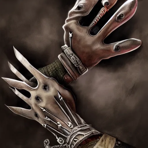 Image similar to gloves with metal claws, old leather gloves with attached talons, pointy fingertips, dark background, highly detailed, 8 k, trending on artstation, mystic, rpg artwork, by peter jackson, by sauron