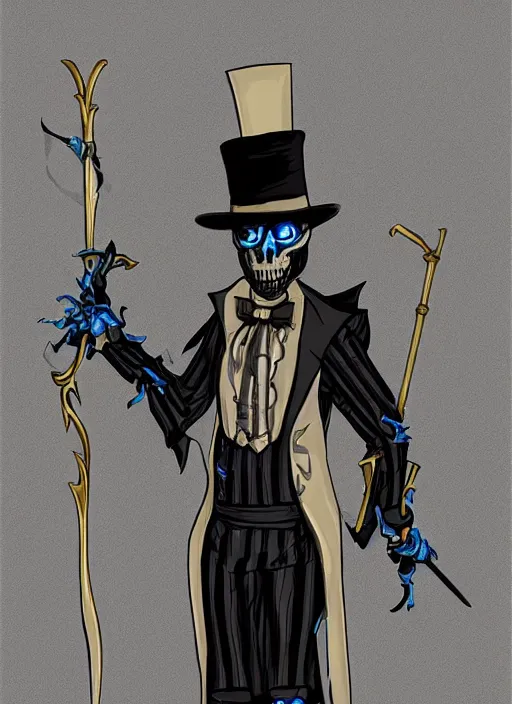 Image similar to DND character art, skeletal male figure, wearing a deep black suit!!! and tie and top hat, holding a gold! cane!, blue flames in background, blue flames