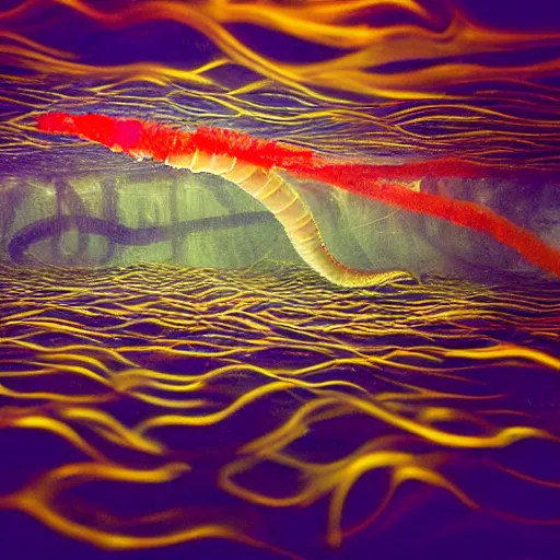 Image similar to dreamlike film photography of a well stocked supermarket shelves at night underwater in front of colourful underwater clouds by Kim Keever. In the foreground floats a seasnake. low shutter speed, 35mm