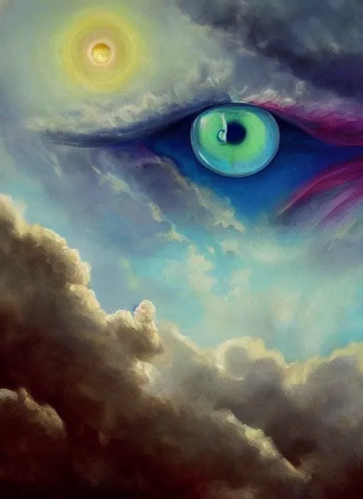 Image similar to a beautiful painting of a single all-knowing eye in a cloudy sky, fantasy art, matte painting, beautiful colors