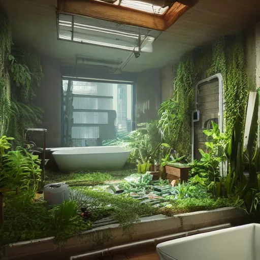 Image similar to a bathroom with a lot of plants inside of it, cyberpunk art by Gregory Crewdson, unsplash, ecological art, reimagined by industrial light and magic, rendered in unreal engine, diorama