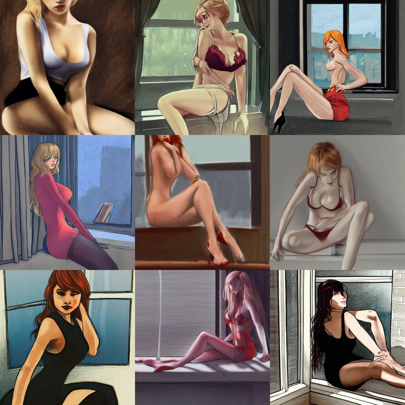 Prompt: seductive drawing of caylee cowan, sitting down, leaning against the window, in the style of ilya kuvshinov