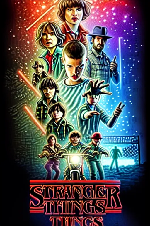 KREA - Stranger Things Season 5 Poster with cast of Futurama, high  resolution, hyper detailed, intricate, photorealistic, all cast members,  netfilx !n-9