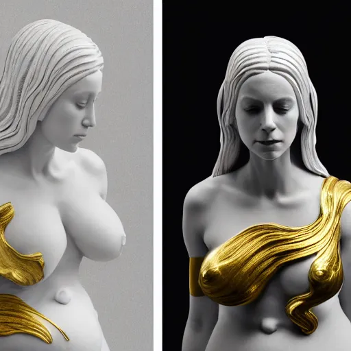 Prompt: a statue made of white marble with gold veins, of an beautiful pregnant woman, perfect symmetrical body, perfect symmetrical face, closed eyes, hyper realistic, hyper detailed, fujicolor superia, bokeh background, full body shot, by peter kemp, by monia merlo octane render, blender, 8 k