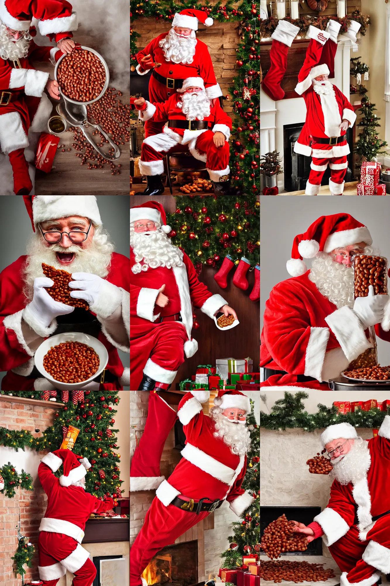 Prompt: santa clause pouring baked beans into stockings, stockings overflowing dripping with baked beans, knowing expression, photography