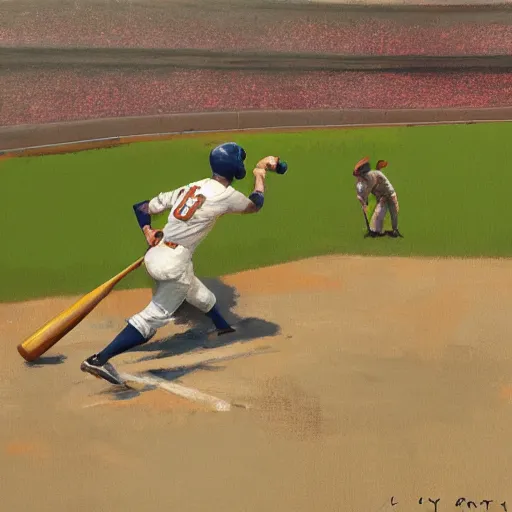 Image similar to baseball player hitting the ball with the baseball bat in the middle of the game and in front of everyone in the stadium, james gurney painting style, greg rutkowski, artstation