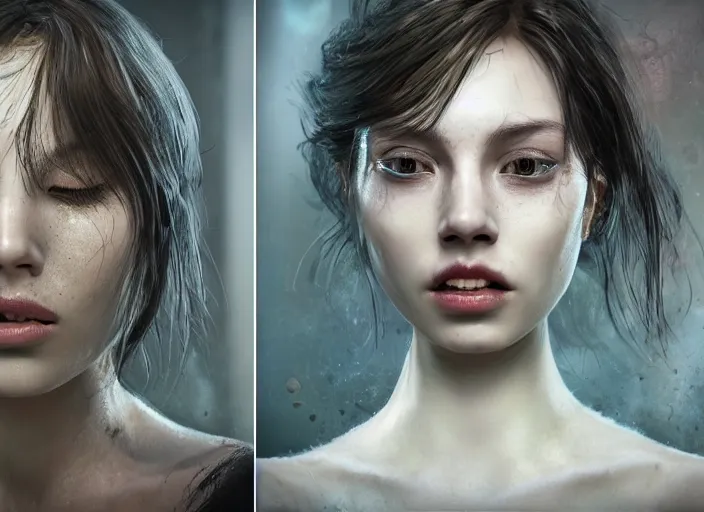 Image similar to a female looking directly while her left eye is closed and the other right eye is wide open, horror, dark, naturel, hyper detailed, digital art, trending in artstation, cinematic lighting, studio quality, smooth render, unreal engine 5 rendered, octane rendered, art style by klimt and nixeu and ian sprigger and wlop and krenz cushart