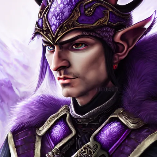 Prompt: Portrait of a seasoned warrior elf with black hair, purple plate armour and wolf skin on his shoulders. In style of Yoshitaka Amano, ArtStation, Fantasy, 8K, Highly Detailed.