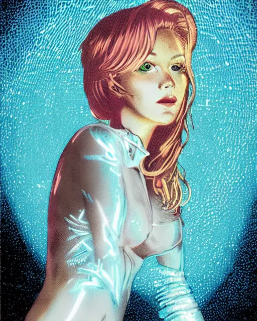 Image similar to a pulp illustration of a gorgeous young woman in dead space, with wild blonde hair and haunted eyes, 1 9 7 0 s, space station, neon light showing injuries, delicate ex embellishments, painterly, offset printing technique