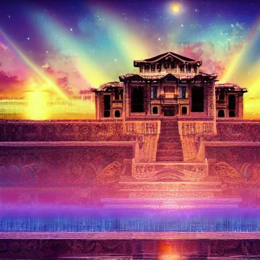 Image similar to ancient palace viewed from the sea, epic retrowave art, trending on art station